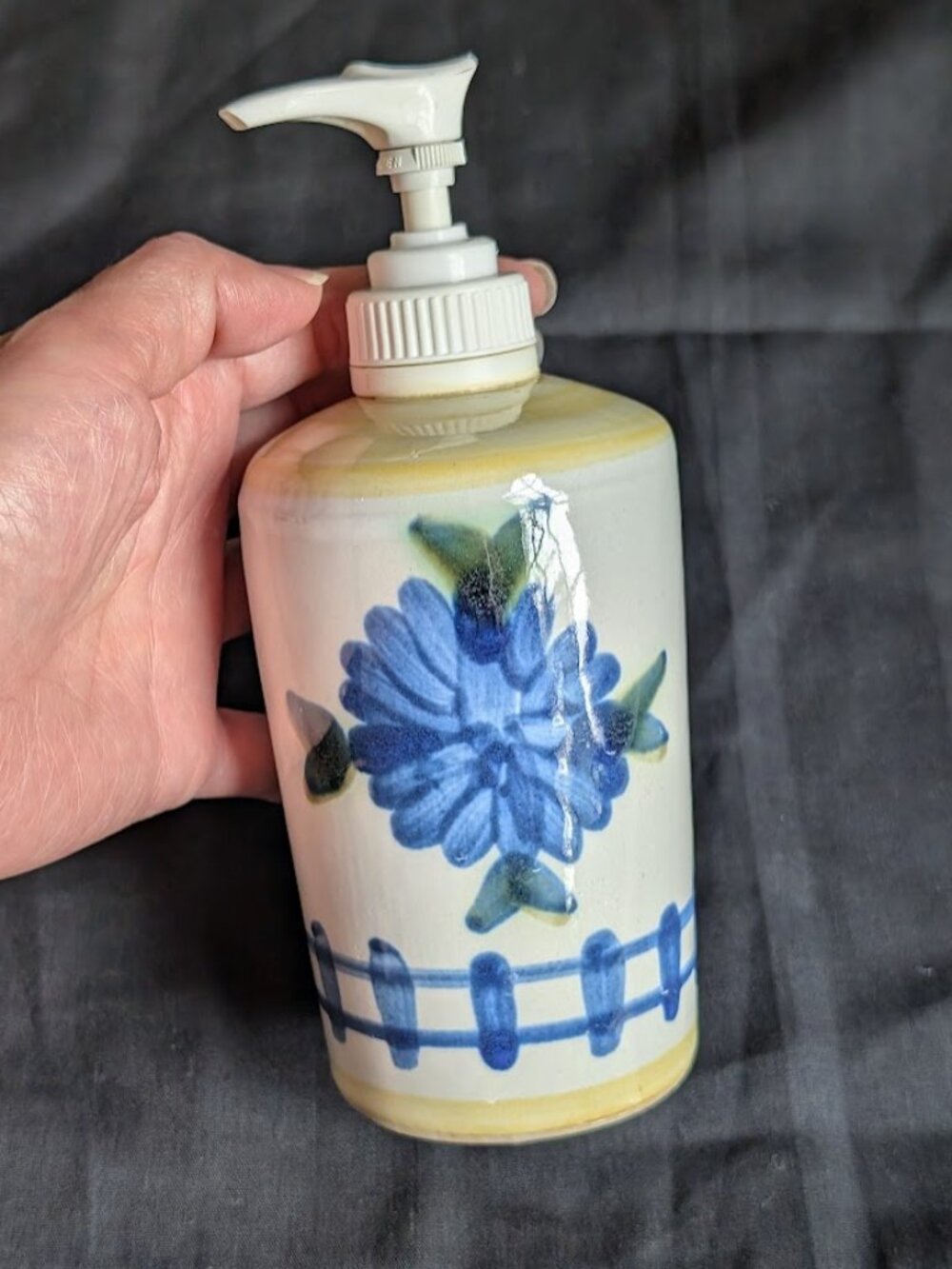 Vintage Soap / Lotion Dispenser in Bachelor Button by Louisville Stoneware 7"